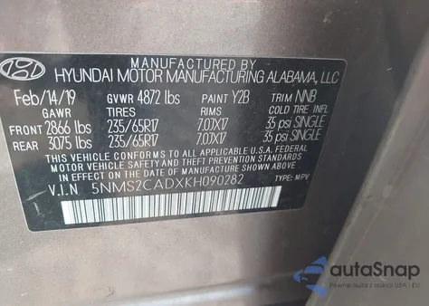 2019 Hyundai Santa Fe Se from USA, damaged, VIN 5NMS2CADXKH090282